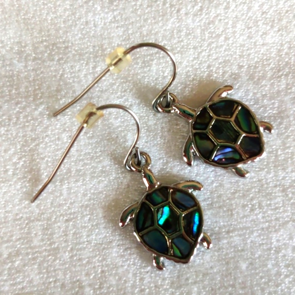 Silver Turtle Earrings with Multicolor Shell